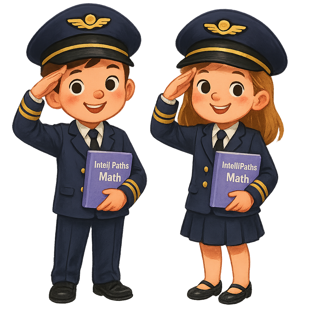 Two cartoon children dressed as pilots, saluting. The boy on the left has short brown hair, and the girl on the right has long blonde hair. Both are holding purple math books titled 'Intelli Paths Math' and wearing navy blue pilot uniforms with matching caps featuring a winged emblem.