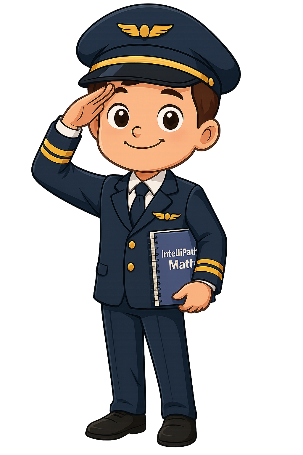Cartoon boy dressed as a pilot, saluting, holding a notebook labeled 'InteliPath Math'.