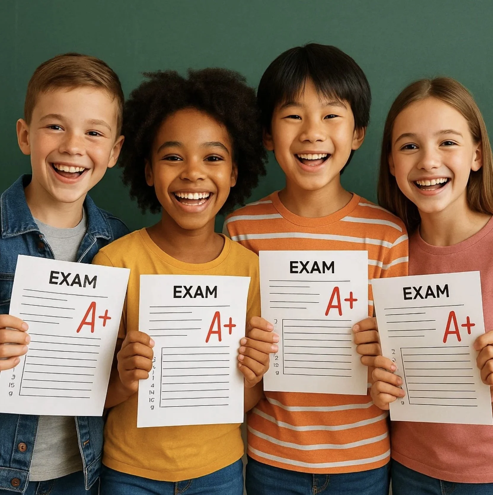 Four children smiling and holding exam papers with A+ grades in front of a green chalkboard.