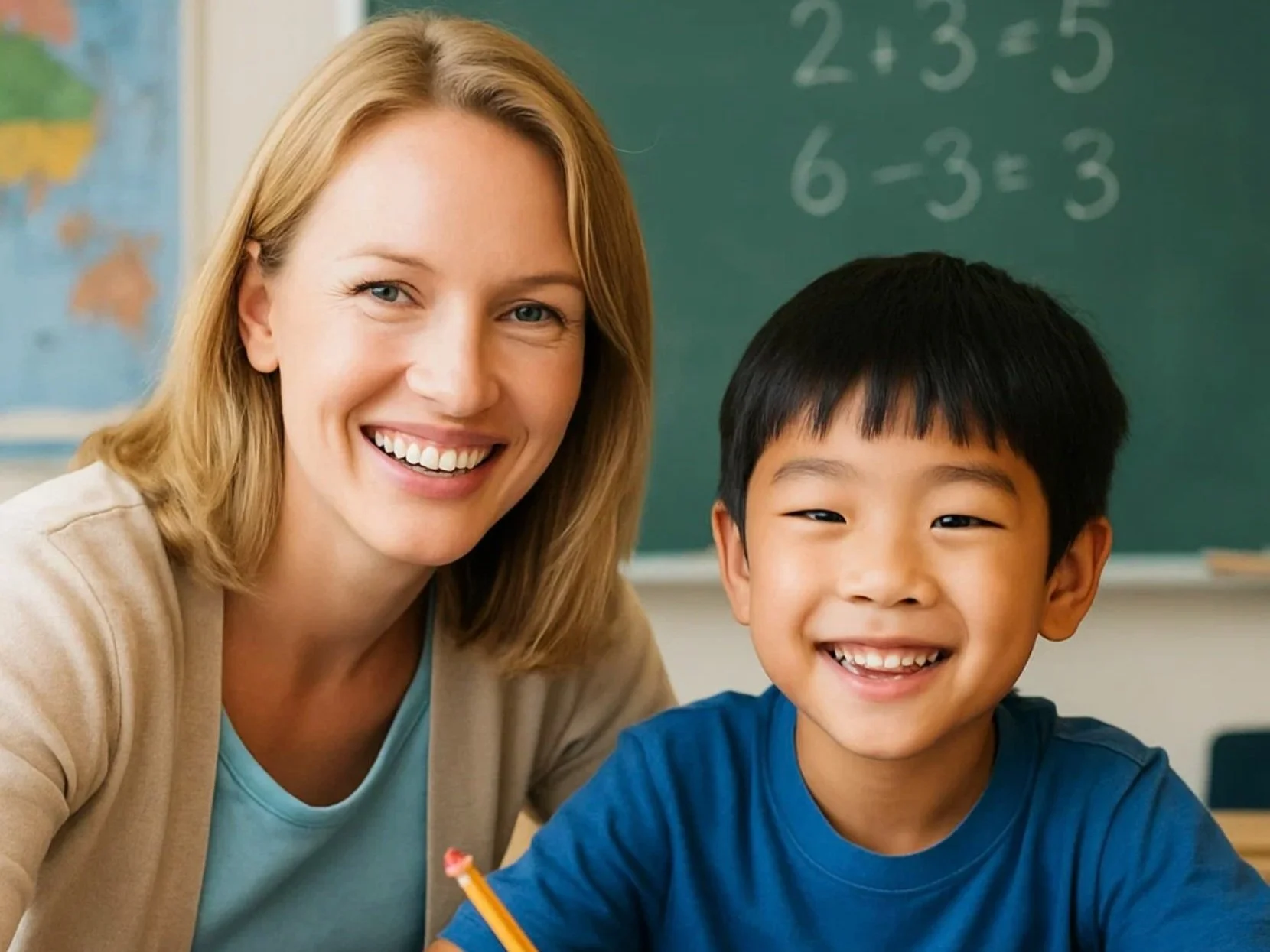 A smiling female teacher and young male student sitting at a desk in a classroom, with both smiling at the camera. In the background, there is a chalkboard with math equations written on it.