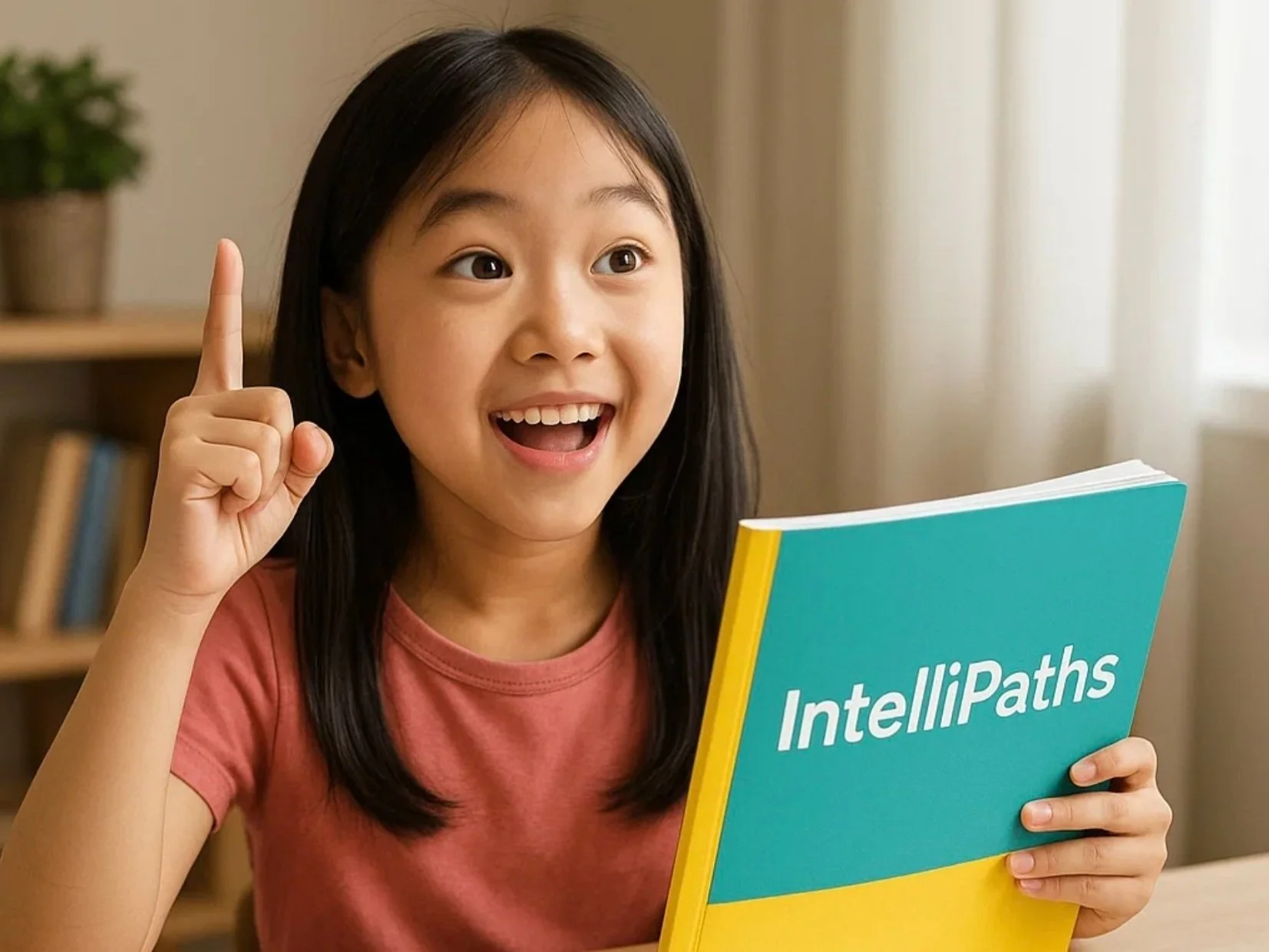 A young girl with black hair, wearing a pink shirt, holding a blue and yellow book titled 'IntelliPaths,' smiling and raising her index finger.