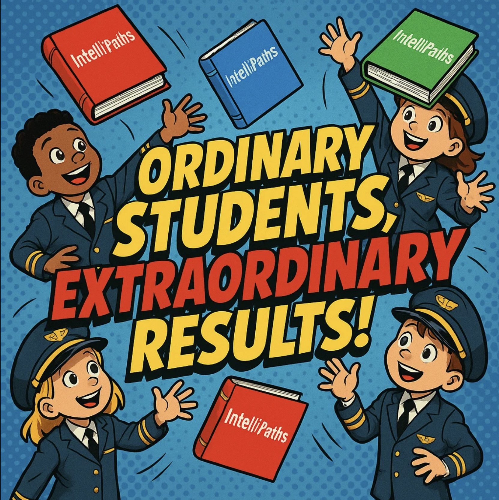 Colorful illustration of children dressed as pilots celebrating, with flying books titled 'IntelliPaths' and bold text reading 'Ordinary Students, Extraordinary Results!'