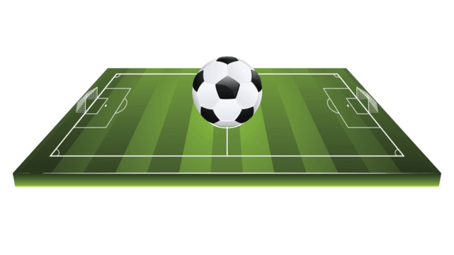Animated soccer field with a soccer ball floating above the center.