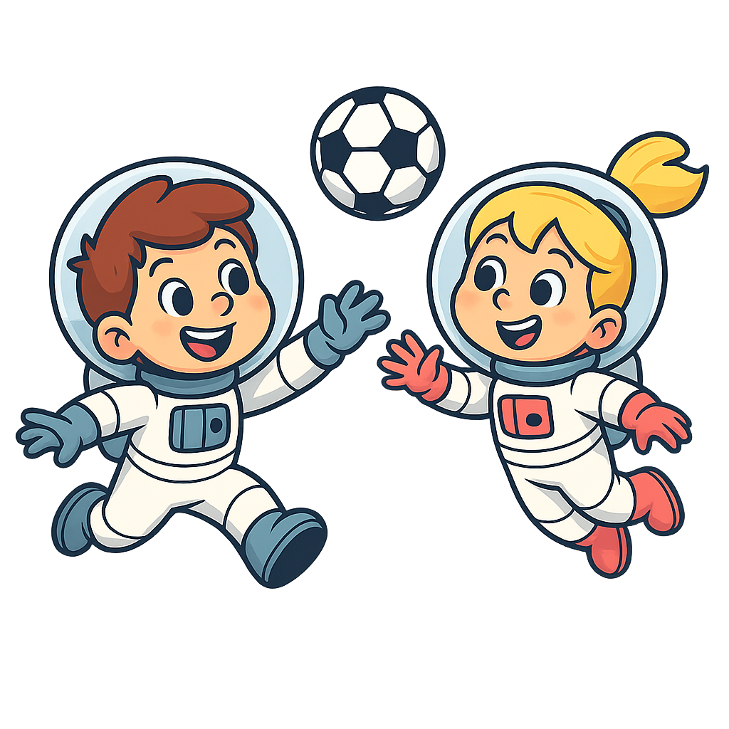 Two children dressed as astronauts playing with a soccer ball in space, smiling and floating in a cartoon style.