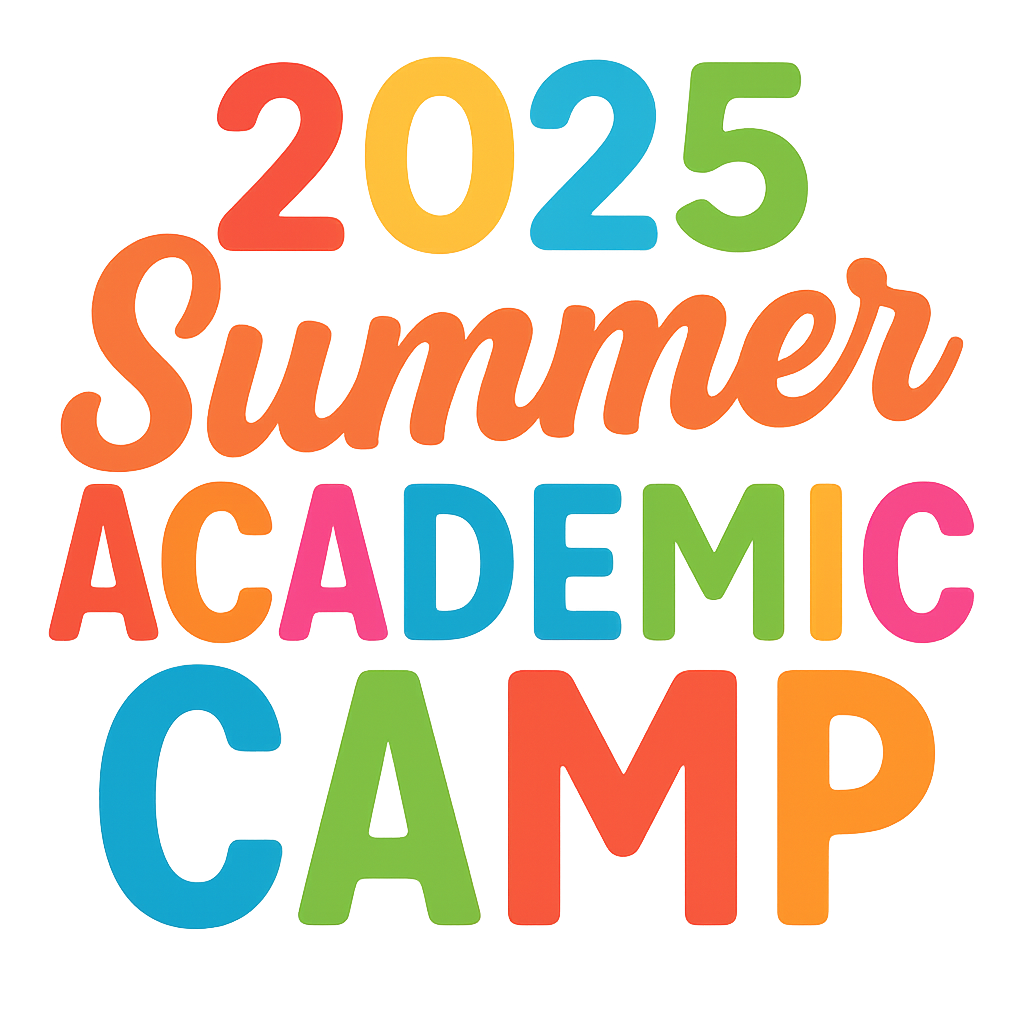 Colorful blurred text for 2025 Summer Academic Camp, with each word in bright, vibrant colors.