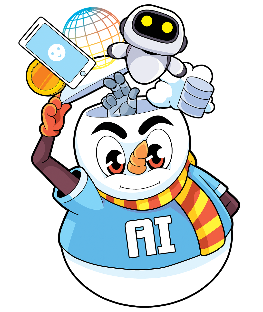 A cartoon snowman with a blue shirt labeled 'AI', wearing a striped scarf, and holding a smartphone, with a small robot and a colorful globe emerging from its head.