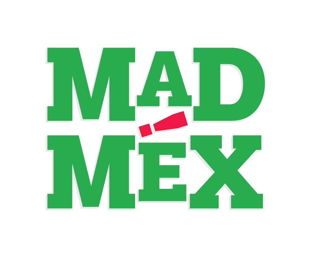 Colorful text reading "Mad in Mex" with a red chili pepper between the words on a black background.