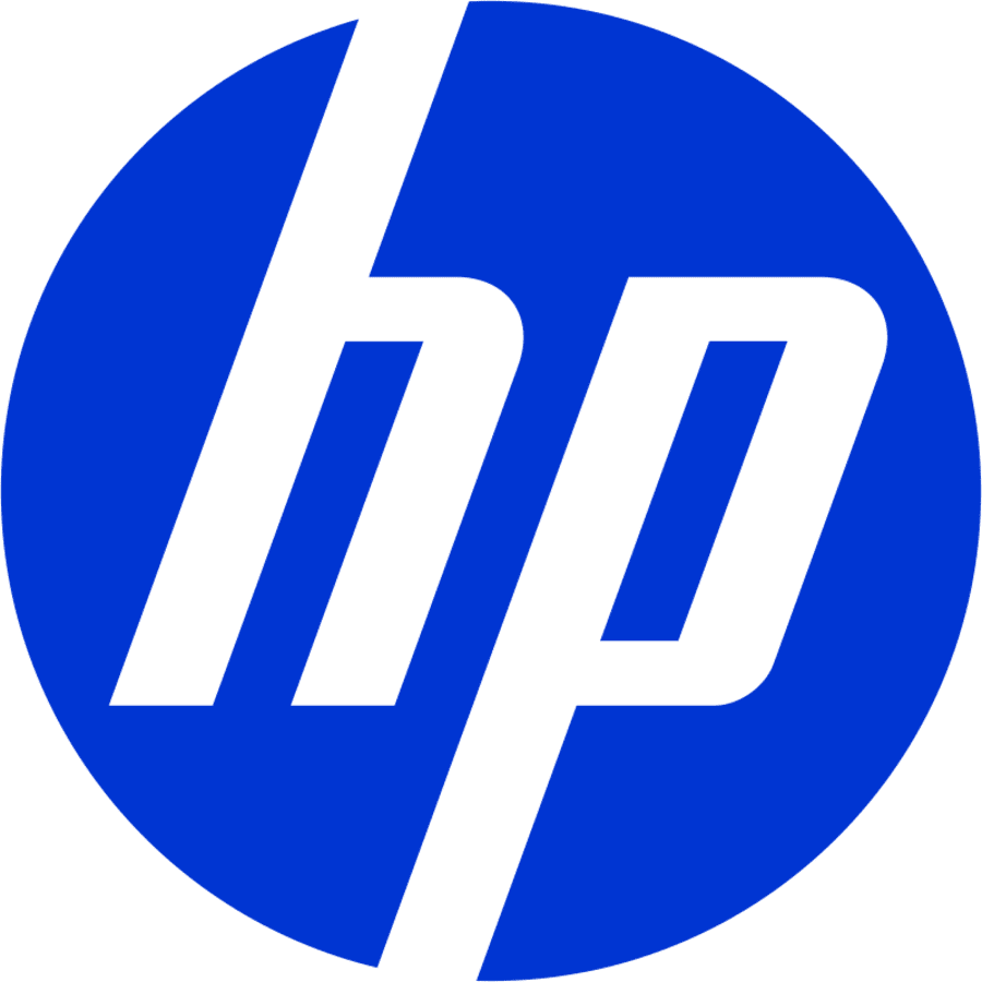 HP logo with a blue circle and black stylized letters 'hp' inside.