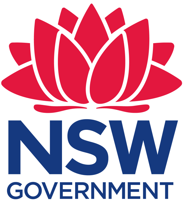 A stylized pink lotus flower logo with the words 'NSW GOVERNMENT' written below in blue.