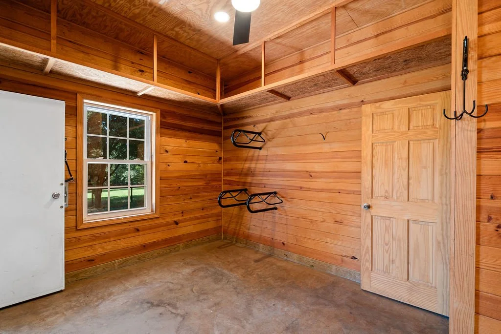 Tons of storage space in tack room.  Looks out over main pasture.