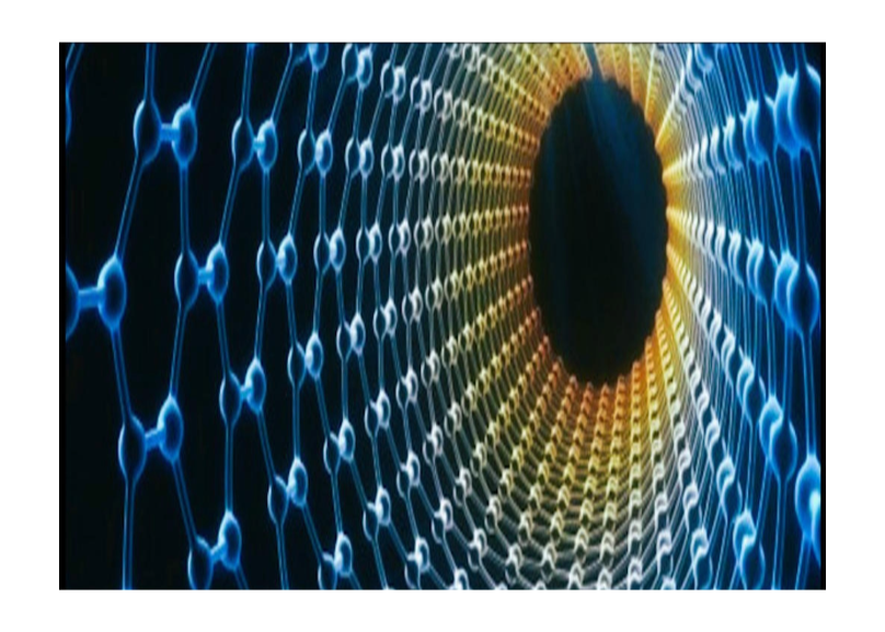 Futuristic tunnel with glowing blue molecular structures on the left and yellow-orange circular patterns on the right side, creating a tunnel effect.