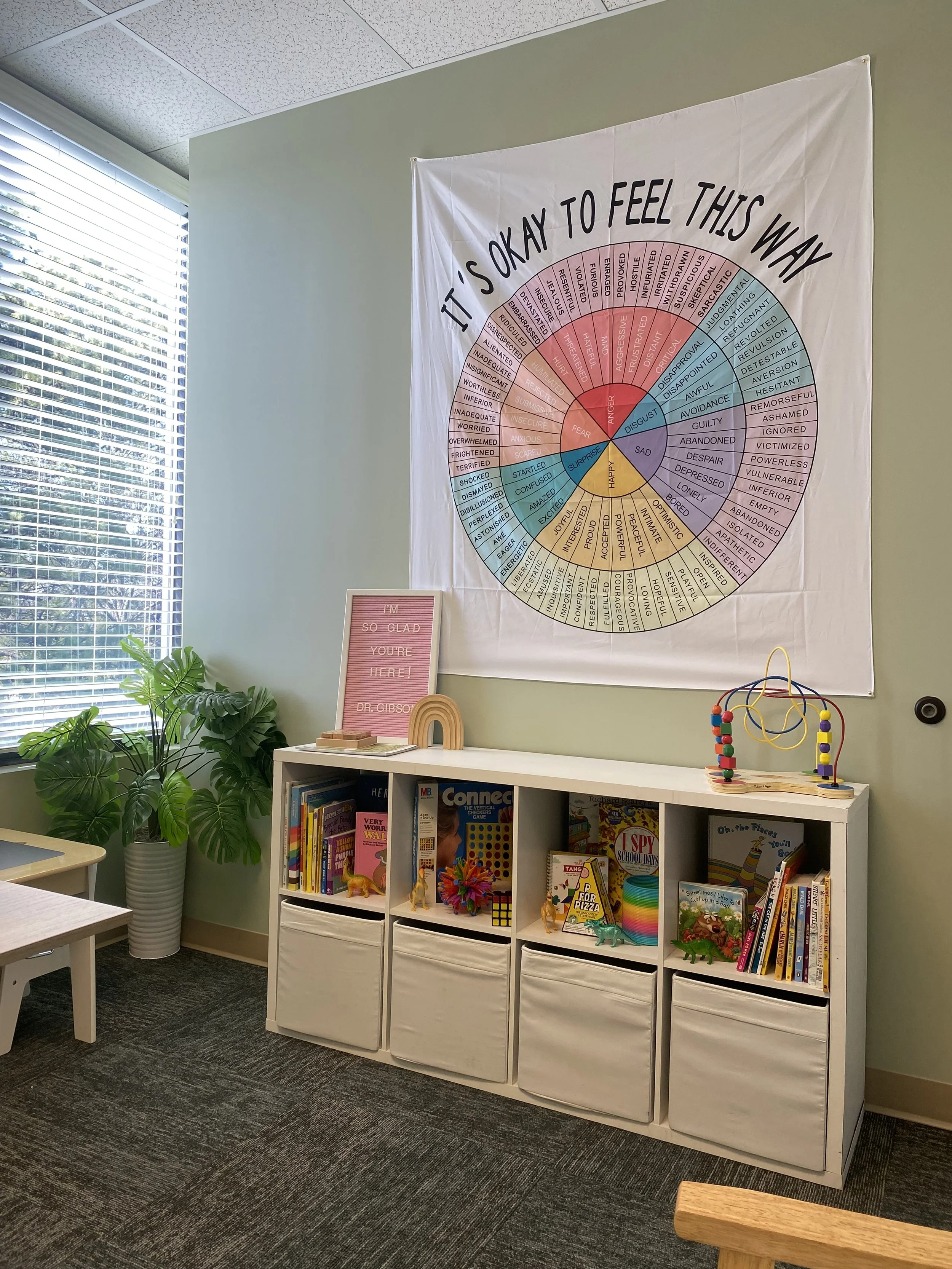 Dr Emily Gibson's office environment features tools to help children and adolescents understand their feelings. The picture features a large poster with a wheel of emotions in rainbow colors called "it's ok to feel"