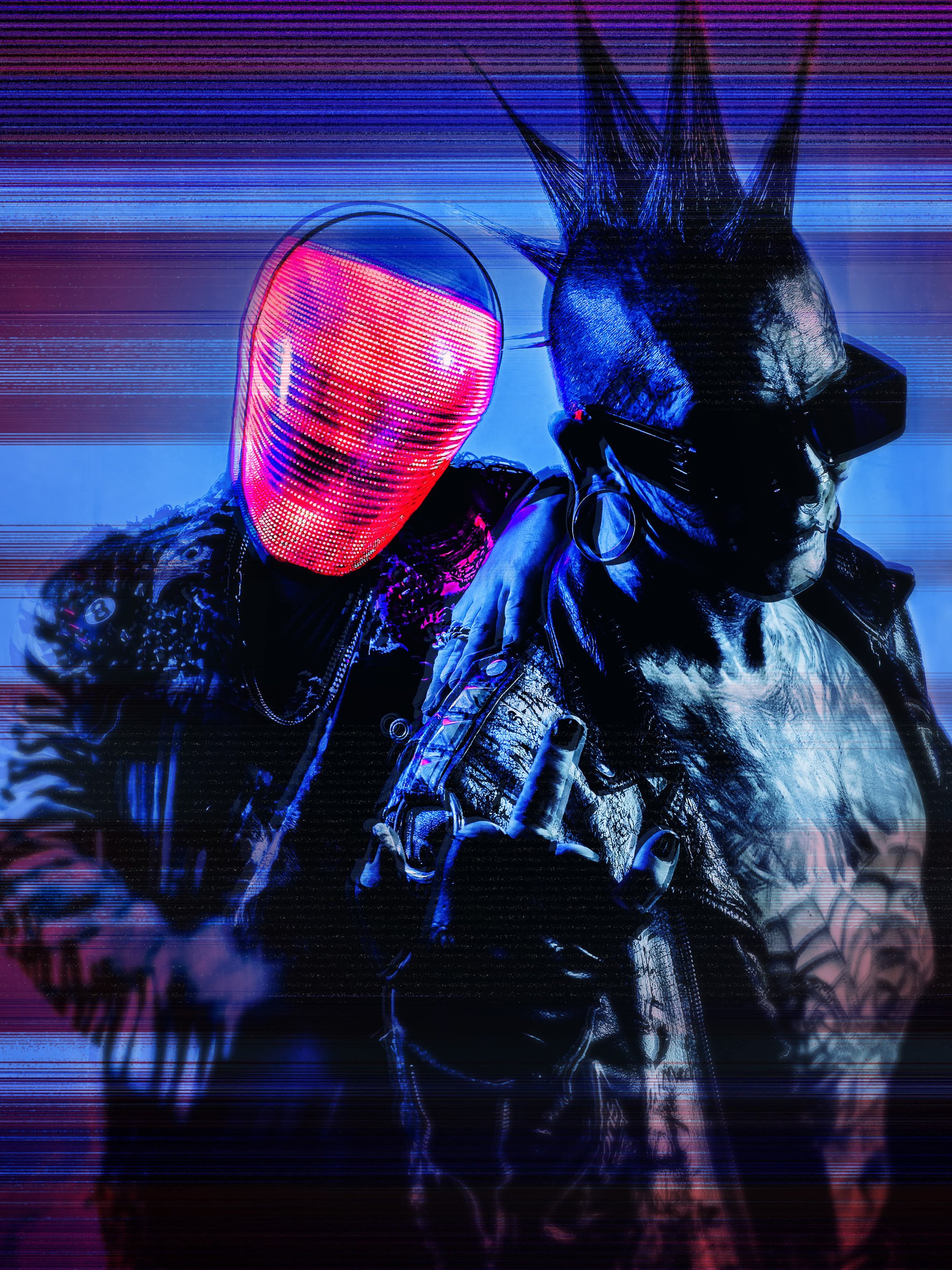 Two individuals in punk style with futuristic masks and accessories, one with a glowing red face mask and the other with a spiked mohawk and tattoos, posed against a background with digital effects.