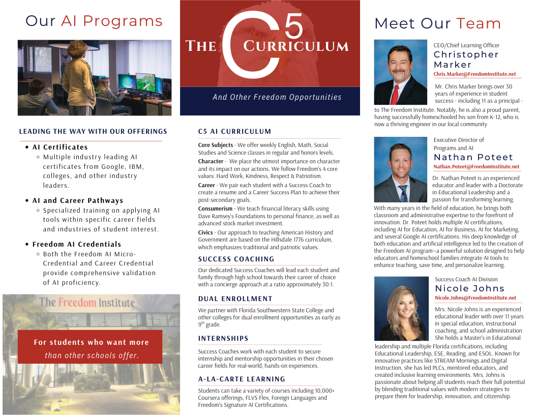 Information about The 5 C's Curriculum and the Freedom Institute, featuring staff profiles of Christopher Marker, Nathan Poteet, and Nicole Johns, with descriptions of their roles and educational offerings.