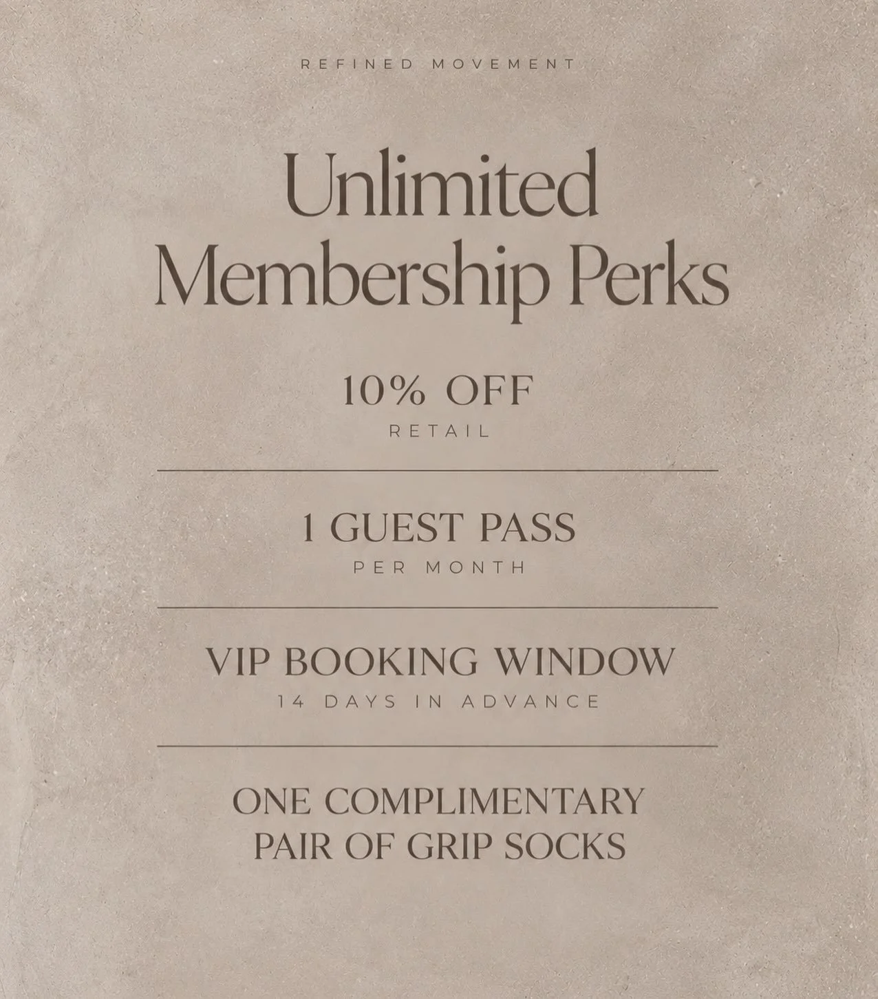 Unlimited looks even better with perks. ✨

Enjoy more with your Refined Movement Unlimited Membership! 

Book through the Refined Movement app or website.