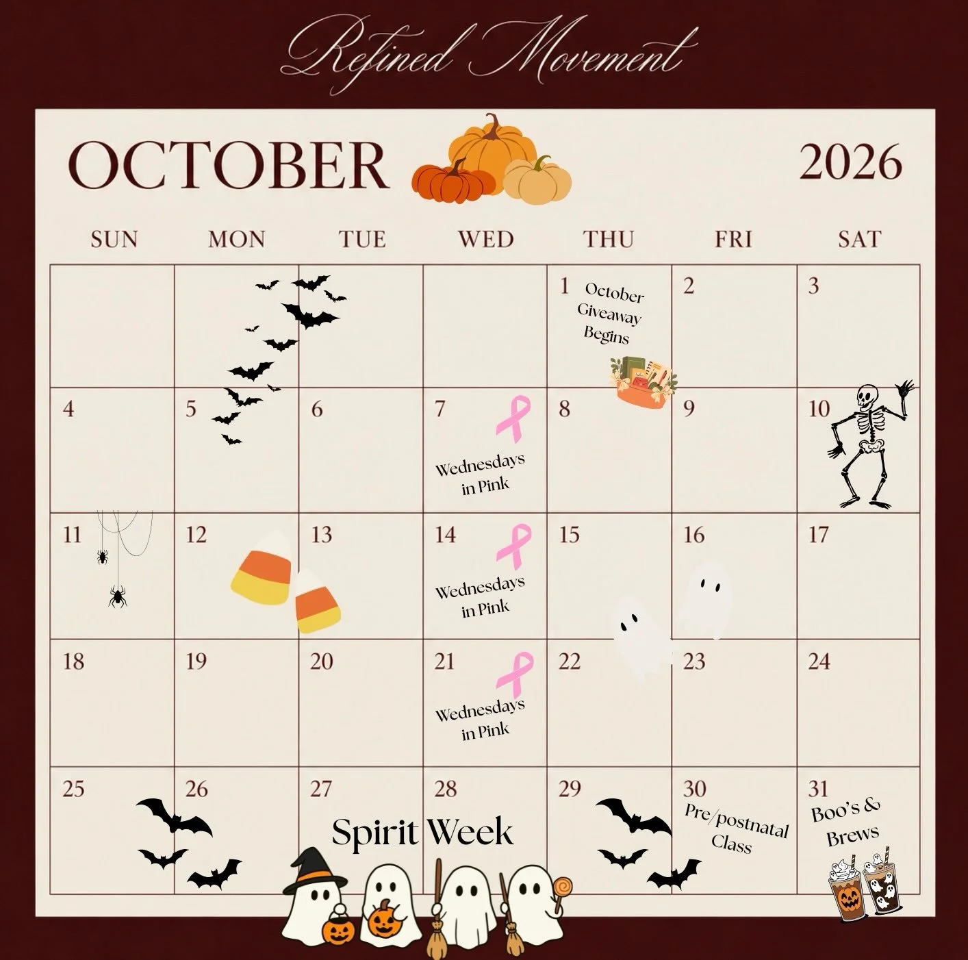 October at RM 🤎

🎀 Wednesdays in Pink &mdash; every Wednesday this month, wear a touch of pink with us in support of Breast Cancer Awareness Month.

👻 Spirit Week &mdash; we&rsquo;re ending October with a full week of fun themes. We&rsquo;ll be sh