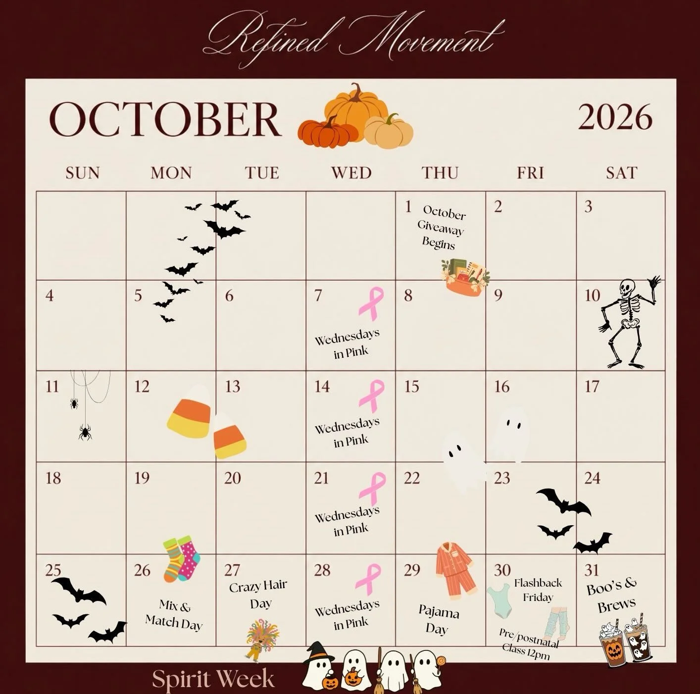 Spirit Week is almost here! 👻🎃

Our themes are officially out, and we can&rsquo;t wait to see everyone join in on the fun!

October 26&ndash;31 at Refined Movement.

Which days are you participating in?