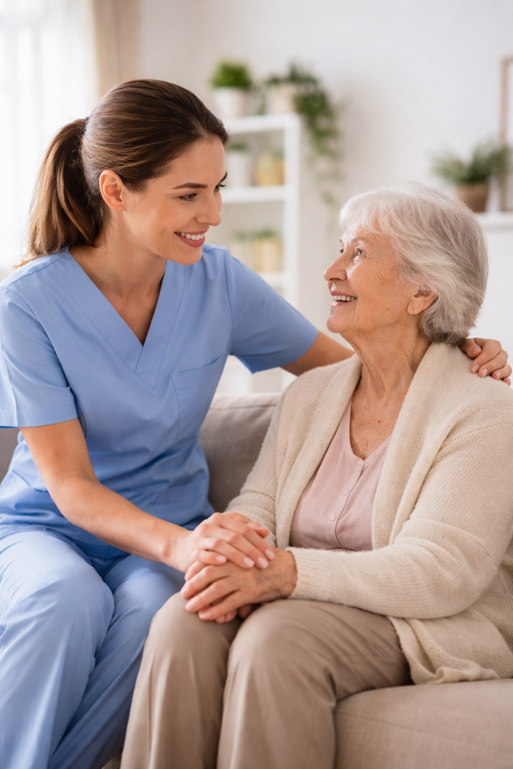A young female nurse in blue scrubs smiling and holding hands with an elderly woman sitting on a beige couch in a bright living room.