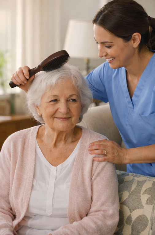 A caregiver brushing an elderly woman's hair indoors.
