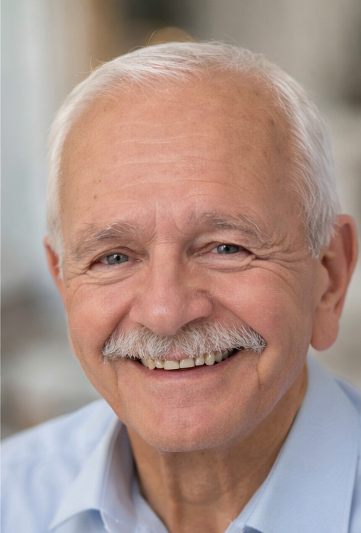 Close-up of smiling elderly man with white hair, mustache, and blue eyes.