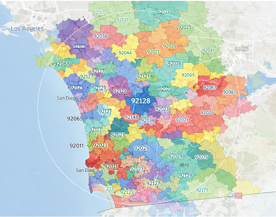 Color-coded map of San Diego County showing various zip code areas with labels such as 92038, 92128, 92022, and 92011, among others.