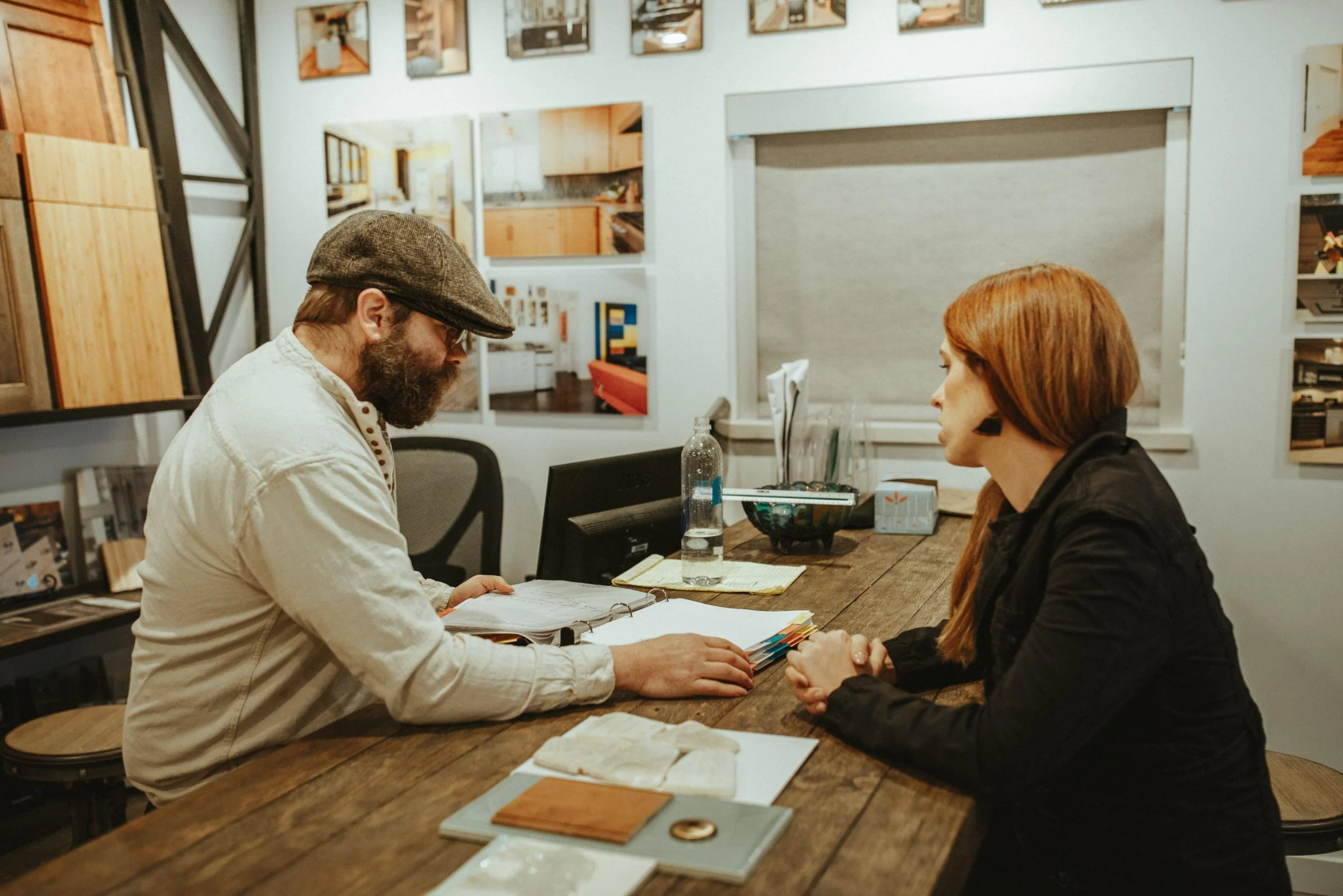 Athena Collaborating with a Contractor on a Commercial Interior Design Project