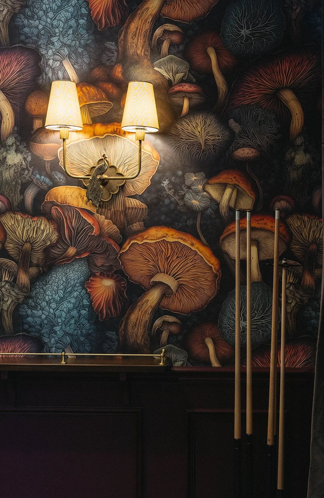 Mushroom wallpaper and wall sconce