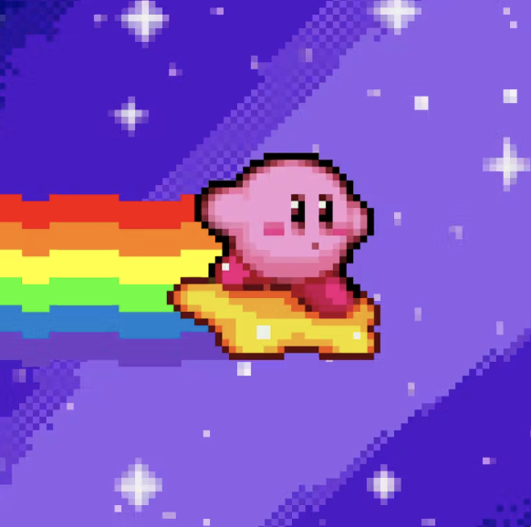 Pixel art of Kirby riding a shooting star through a purple starry sky with a rainbow trail.