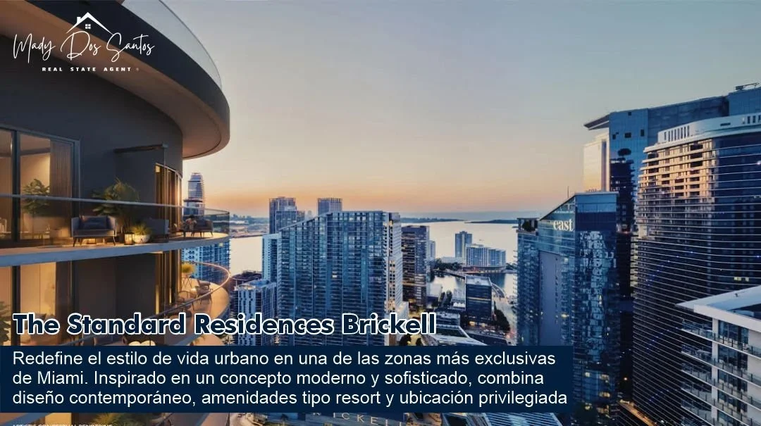 Imagen de un edificio moderno en Miami, con vista hacia el río y otros rascacielos de la ciudad durante el atardecer.