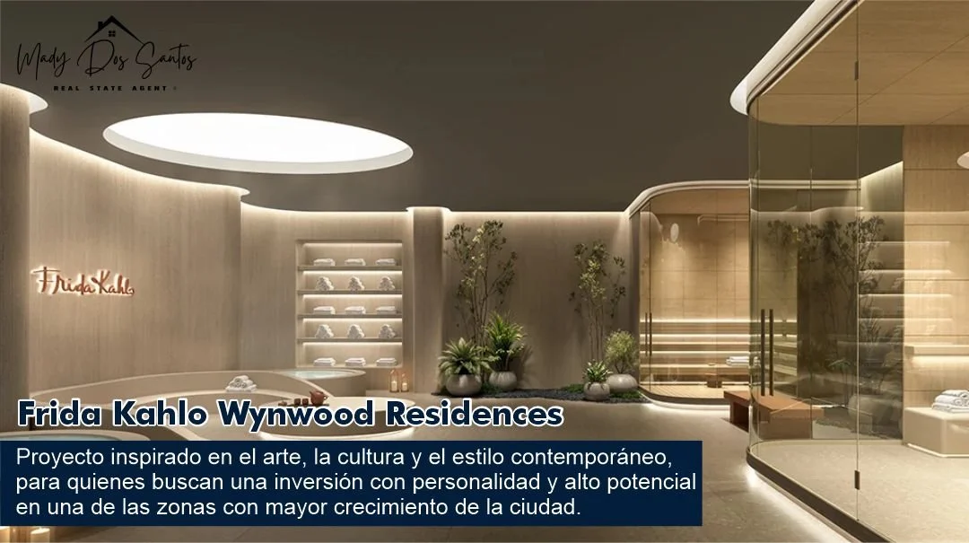 Renderizado arquitectónico de interiores de residencias Frida Kahlo Wynwood, con un diseño contemporáneo, paredes de madera clara, plantas decorativas y una iluminación moderna.