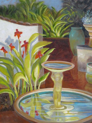 Cherub Fountain with Red Cannas,
12 x 9 inches,
Oil on canvas,
$650 framed, 
SOLD