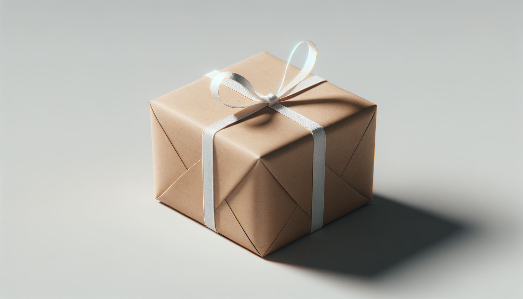 Wrapped gift box with white ribbon on a plain surface with shadow.