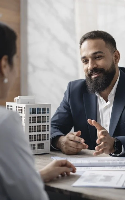 A man in a suit and beard having a conversation with a woman at a business meeting or interview in a modern office.