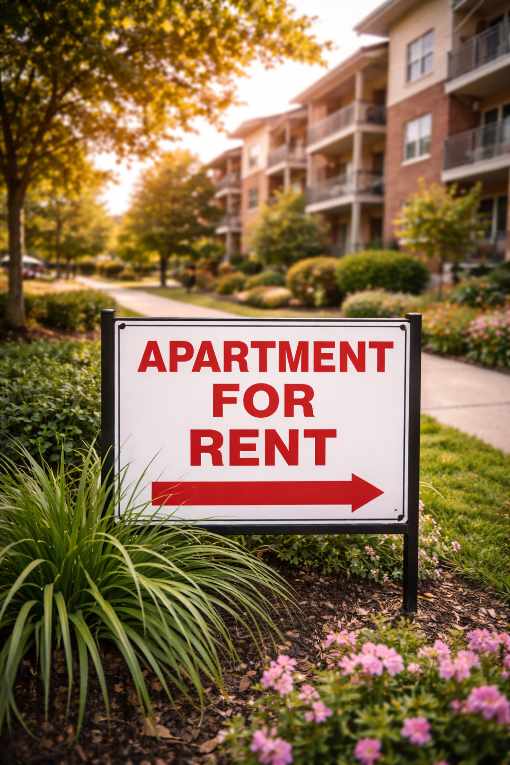 Sign that reads 'Apartment for Rent' with an arrow pointing to the right, situated outside amidst green plants and flowers, with an apartment building in the background.