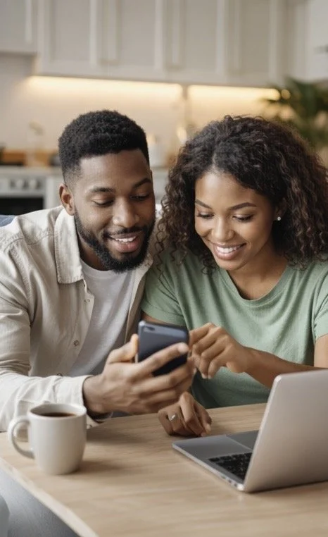 A smiling young couple sitting at a kitchen table, looking at a smartphone together, with a coffee mug and laptop in front of them.