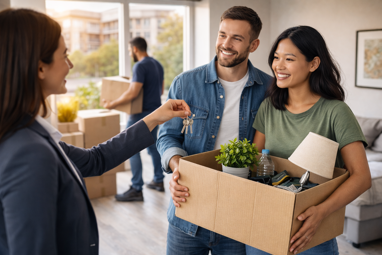 A young woman in a green shirt holding a box with household items, smiling and receiving keys from a woman in a suit, with a man in the background carrying a box inside a new apartment or house.