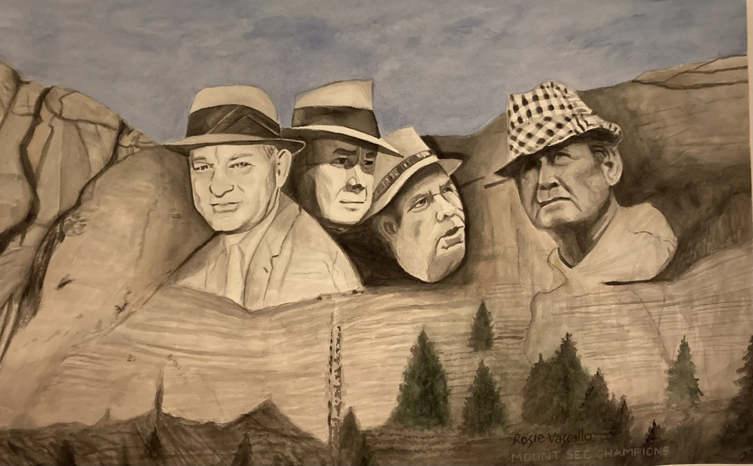 A drawing of Mount Rushmore with four faces, each wearing a different style of hat. The background shows a blue sky with clouds and below is a landscape with trees and mountains.