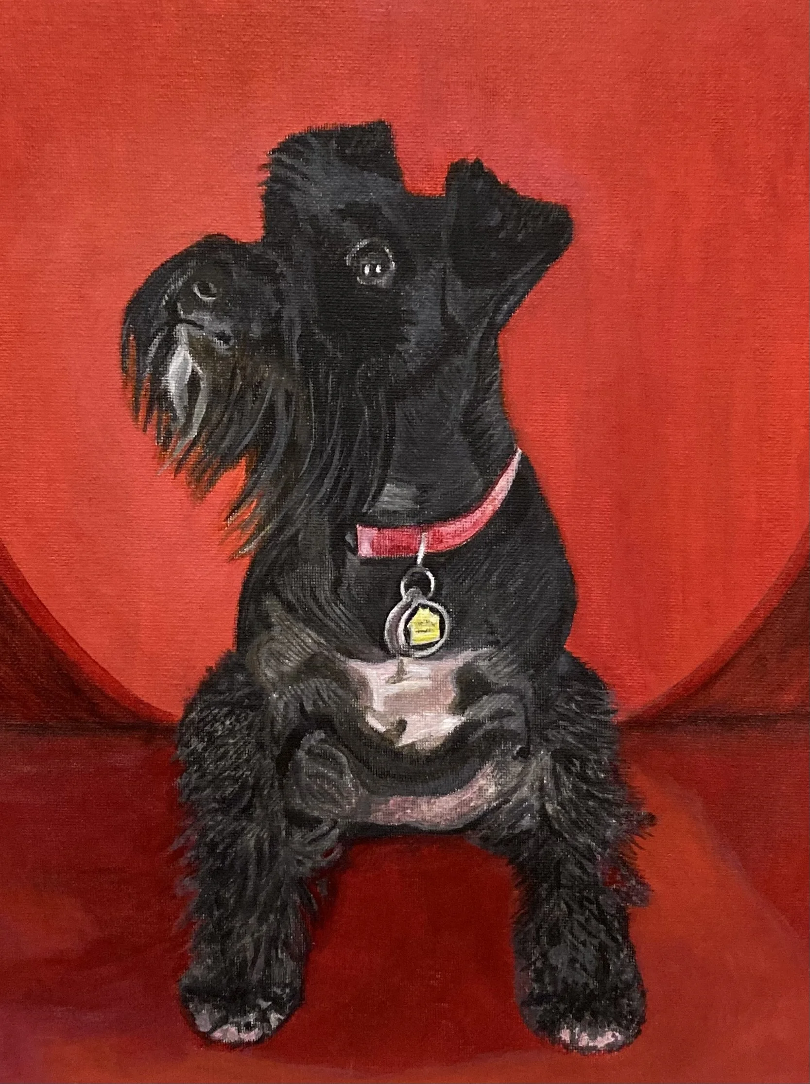 Painted portrait of a black dog with a pink collar and a yellow tag, sitting on a red background.