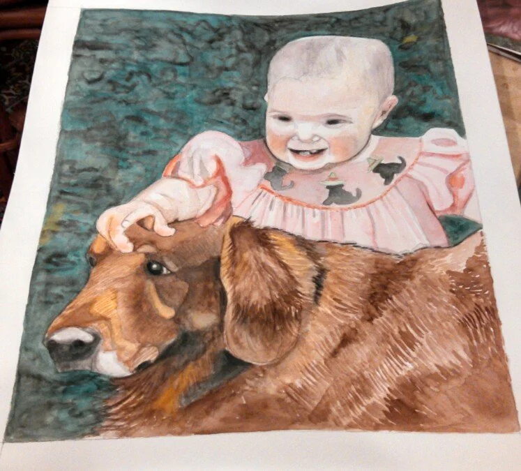 A watercolor painting of a smiling baby girl with a dog, wearing a pink dress with black animal prints, resting her hand on the dog's head.