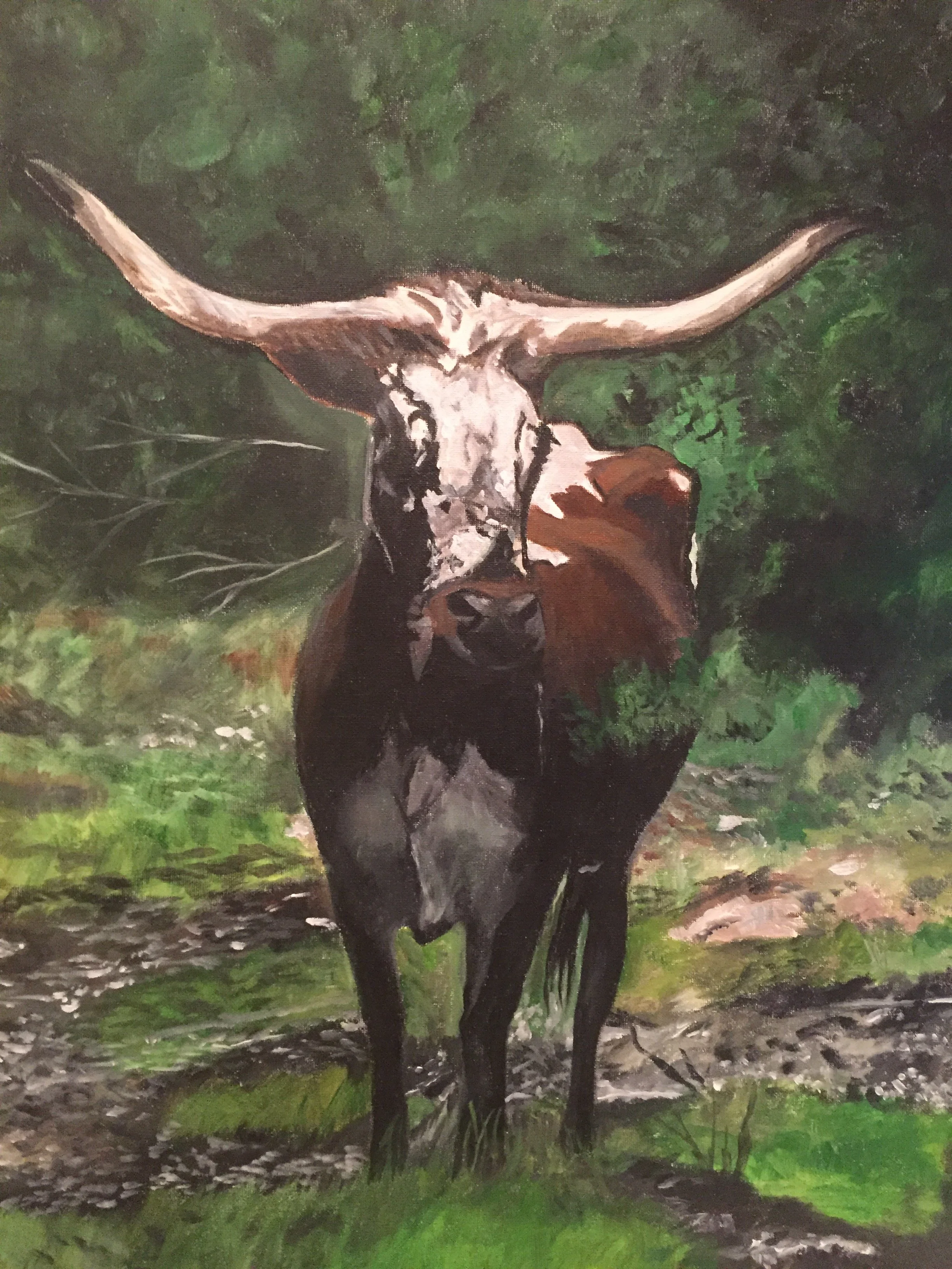 Painting of a longhorn cow standing in a natural wooded setting with green foliage and a small stream.