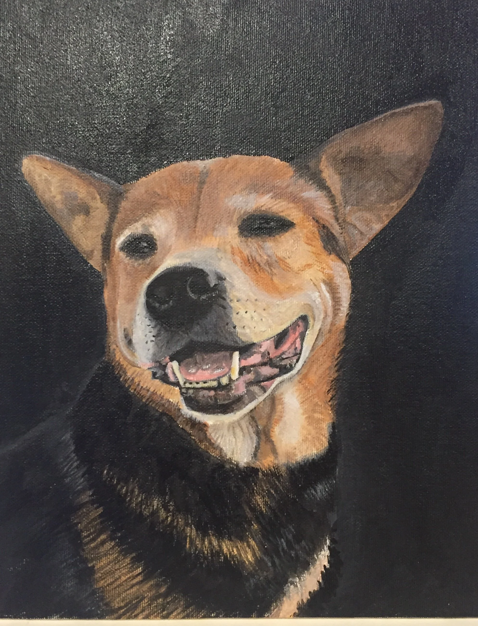 A painting of a happy, smiling dog with large ears and tan, black, and white fur on a dark background.