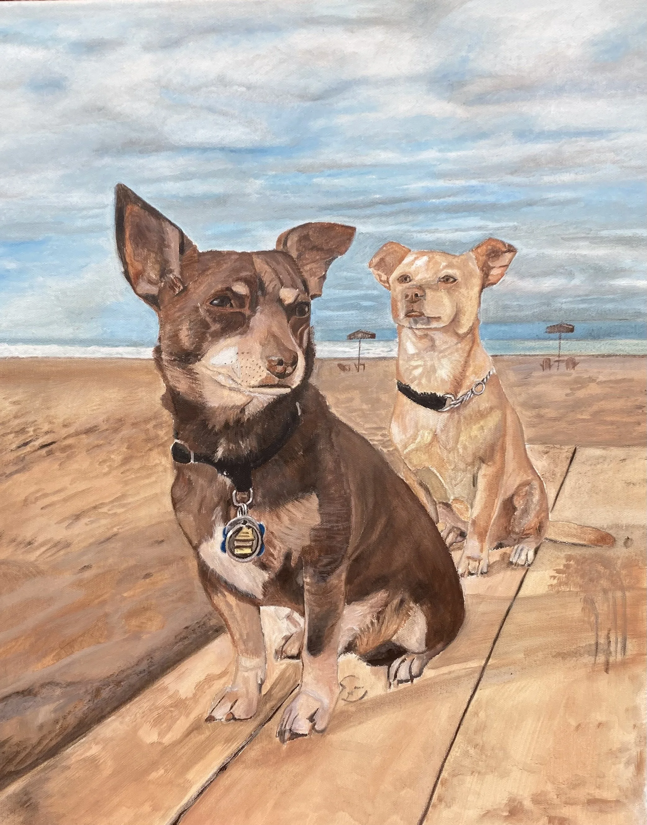 Painting of two dogs sitting on a wooden deck at the beach with umbrellas and the ocean in the background.