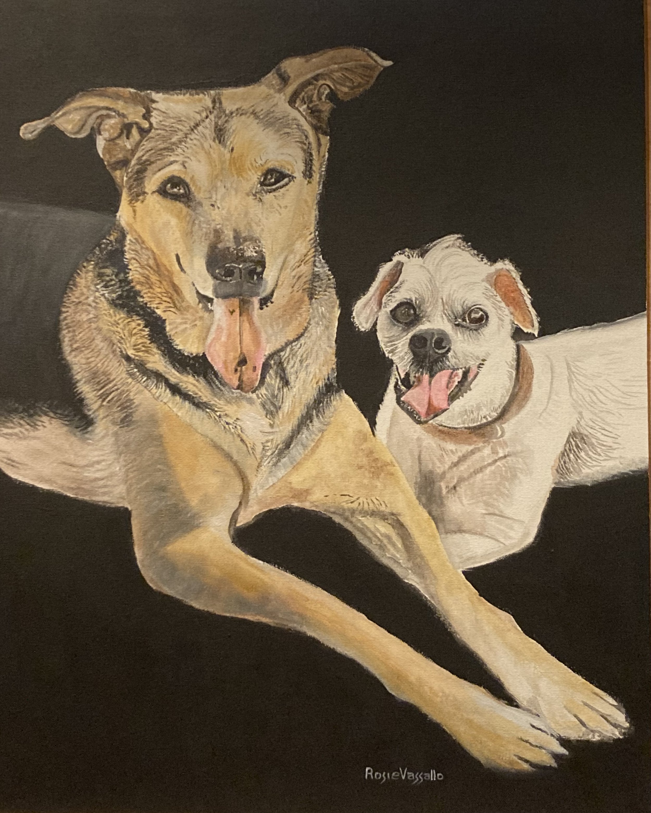 Painting of two smiling dogs, one with tan and black fur and the other with white fur, lying down on a black background.