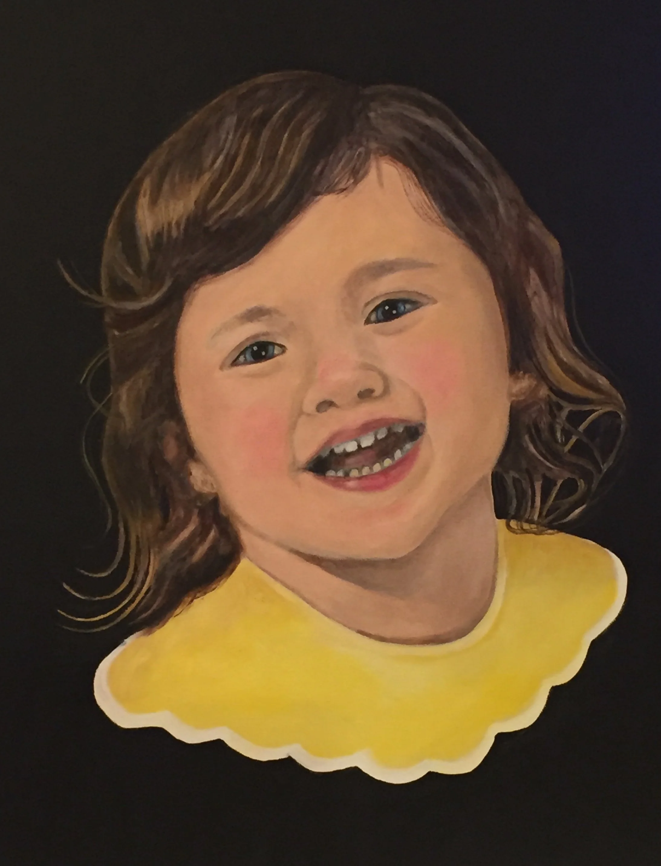 A realistic illustration of a young girl with brown wavy hair, smiling, wearing a yellow shirt, on a black background.