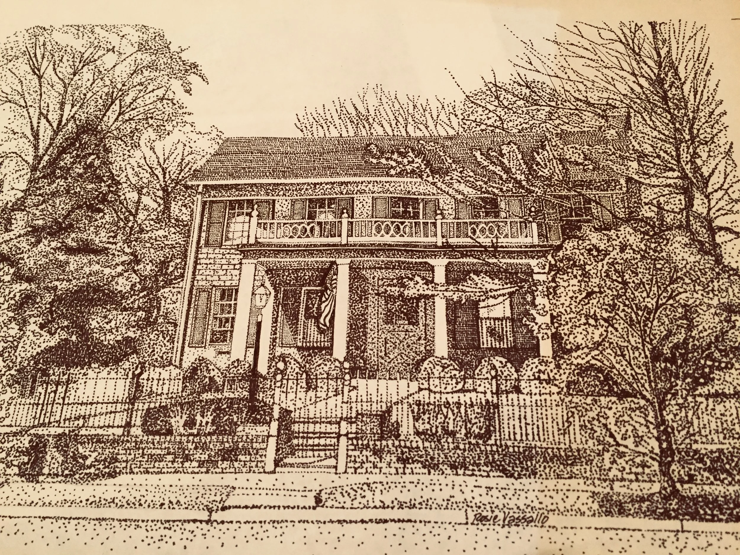 Black and white drawing of a large house with two stories, surrounded by trees, with a front porch, a staircase, and an ornate railing.