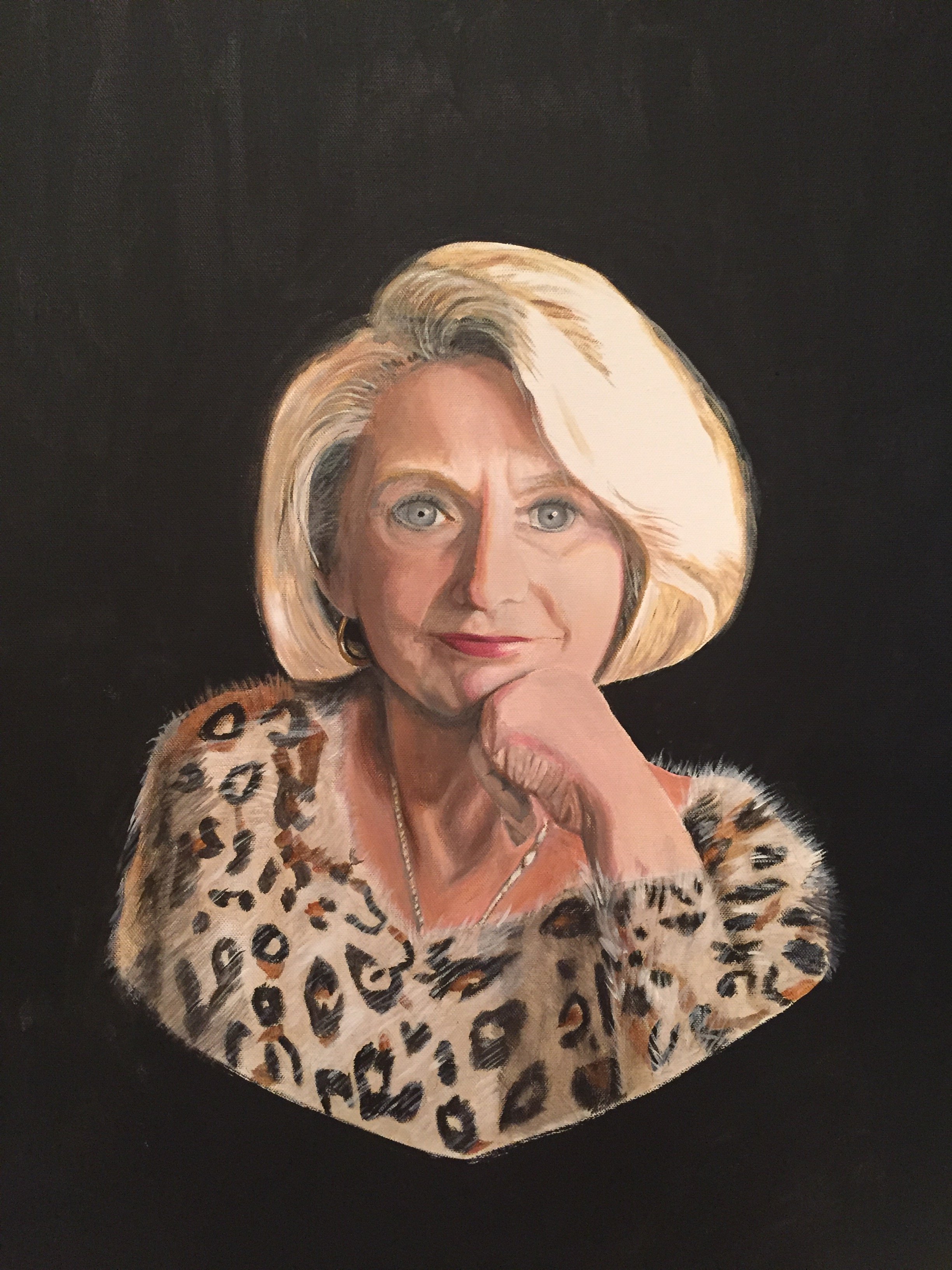 Painted portrait of a woman with short blonde hair, wearing a leopard print top, a necklace, and earrings, with her hand resting under her chin, set against a dark background.
