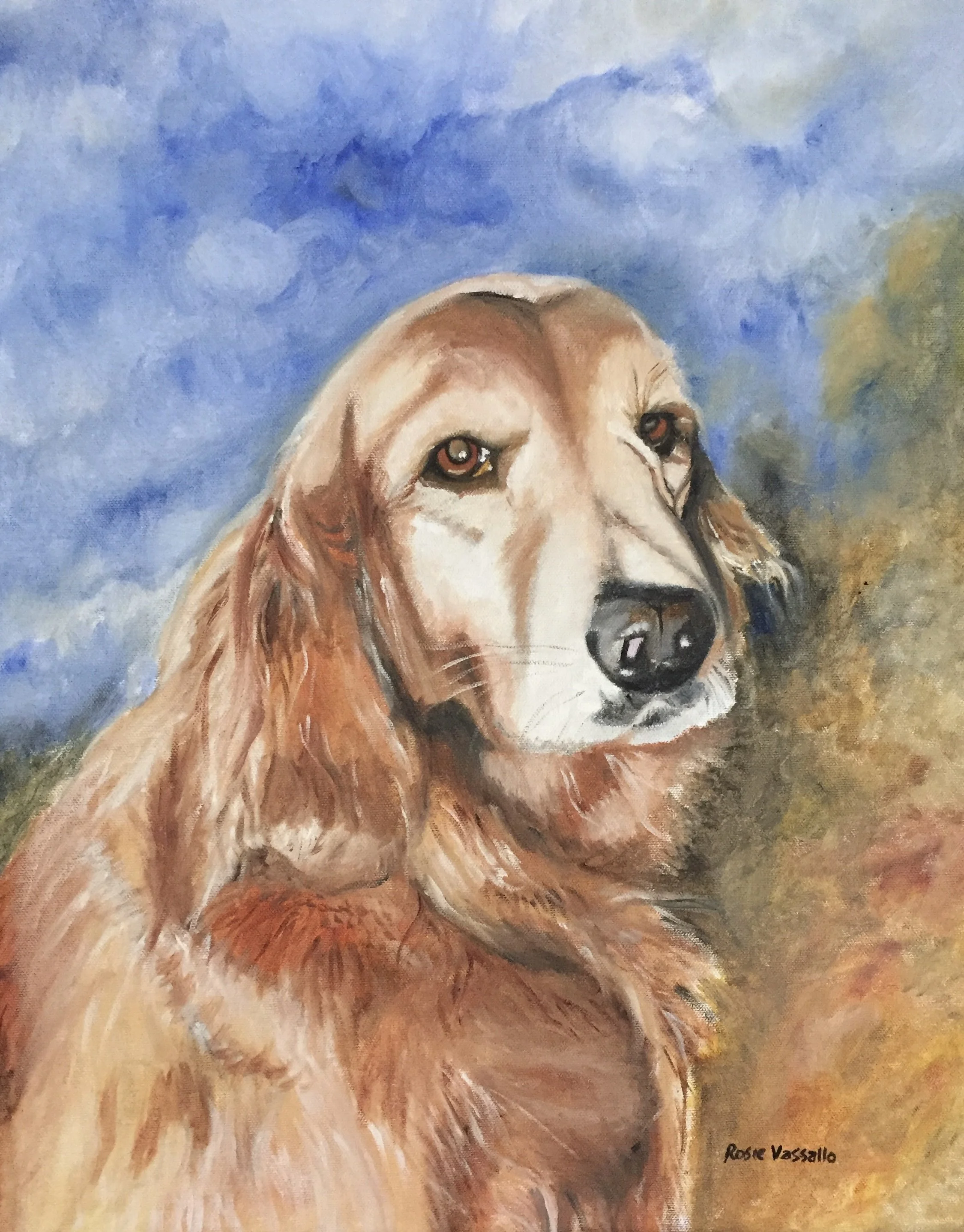 Painting of a golden retriever dog with a blue sky background.