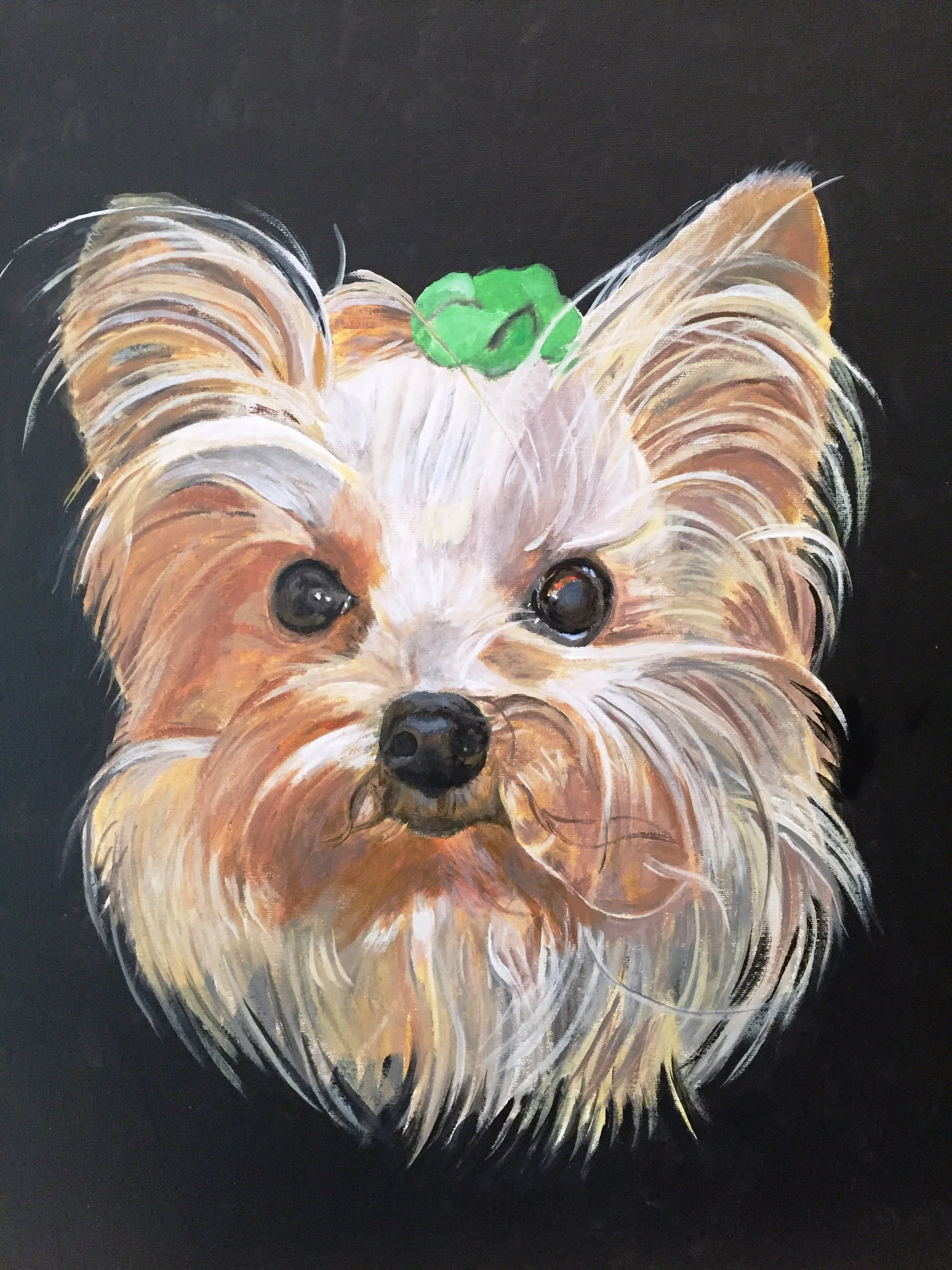 Painting of a small fluffy dog with a green bow or ribbon on its head, set against a black background.