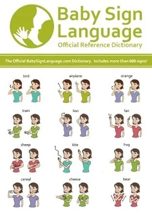 Baby sign language chart showing hand signs for bird, airplane, orange, train, lion, fan, sheep, kite, frog, cereal, cheese, bear, and additional signs.
