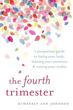 Book cover titled 'The Fourth Trimestre' with pastel-colored confetti at the top and subtitle about healing the body, balancing emotions, and restoring vitality. Author is Kimberly Ann Johnson.